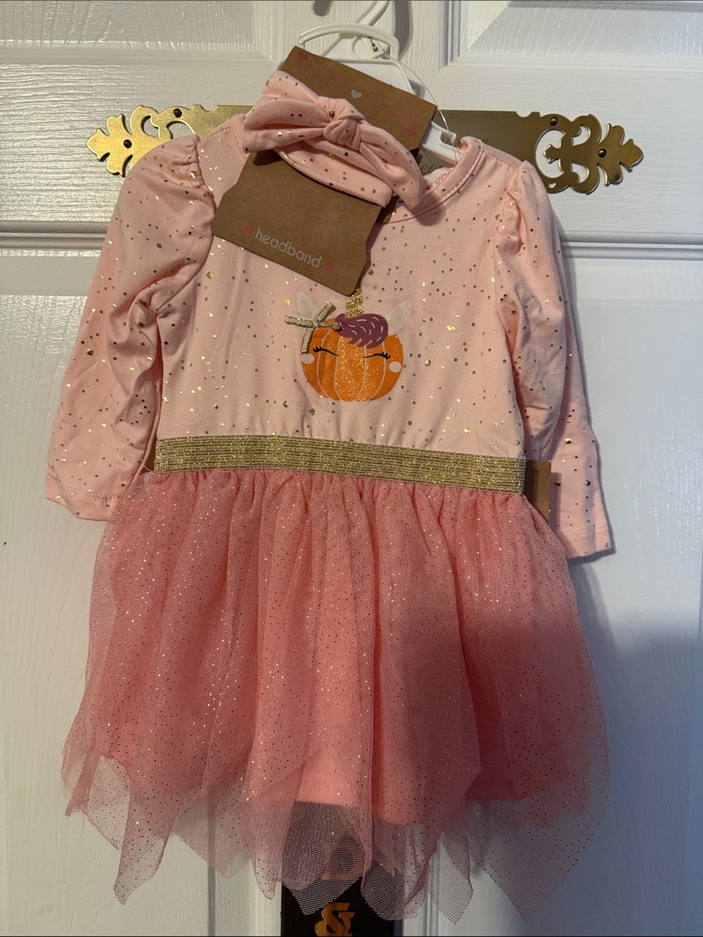 Young Hearts baby girls Pumpkin Tulle Dress with underpants and headband; 3/6 M